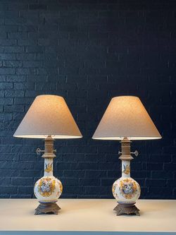 Pair of Italian Majolica Hand-Painted Table Lamps w/ Mythological Motifs, c.1950s - Delivery Available 