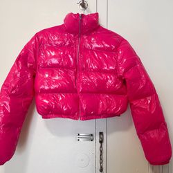 Shiny Pink Short Puffer jacket  Slant pocket Zip up