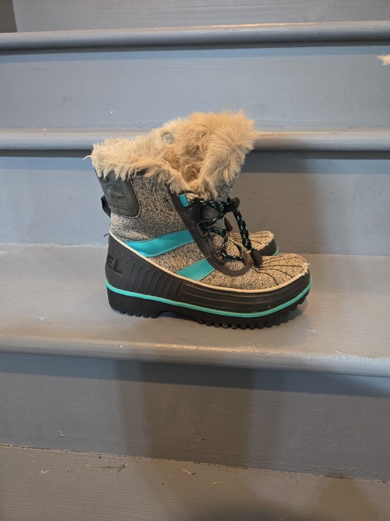 Sorel Gray Black & Teal Faux Fur Lined Boots Size 2