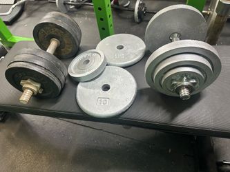 Weights barbell dumbells  Bfco, weights  yes for all weights   1 1/4 pound discs x 2  5 pound discs x 5 8 pound discs x 4  10 pound discs x 4  2 dumbe