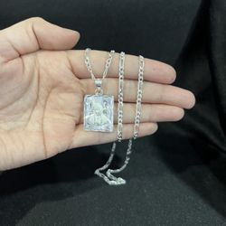 925 Sterling Silver Mens Womens Virgin Virgen Pendant & Figaro Chain