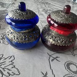 Glass Pill Boxes, Cobalt Blue & Ruby Red