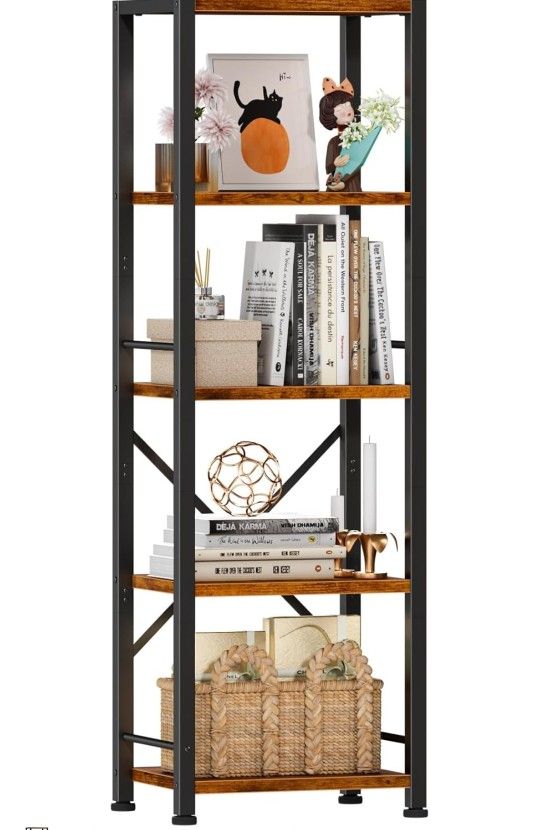 5 Tier Tall Bookshelf, Rustic Narrow Bookcase, Display Standing Shelf Units, Metal and Wood Storage Shelves Organizer for Bedroom, Living Room