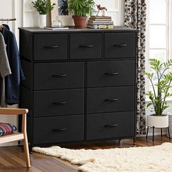New Dresser for Bedroom, Storage Organizer with 9 Drawers, Chest of Drawers with Fabric Bins, Sturdy Metal Frame, Wood Tabletop for Guest Room, Closet