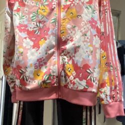 Adidas Girls HER Studio London Pink Hazy Rose Floral Full Zip Track Jacket & Pants (L)