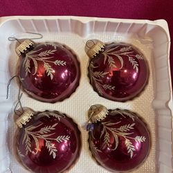 Vintage 4 Christmas By Krebs Burgundy Red Gold Glitter Floral Glass Ornaments Germany