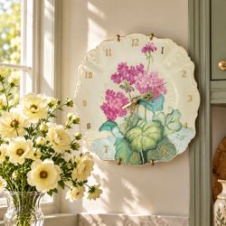 Vintage Plate Dish Hand Painted Artist Cottagecore Art Nouveau Scalloped Wall Hanging Clock 10” 