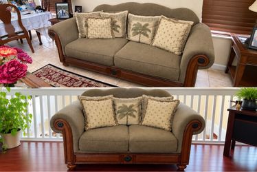 Traditional Sofa and Loveseat Set with Wood Trim