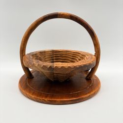 Indonesian Collapsible Wooden Basket Fruit Bowl Basket Carved Flowers