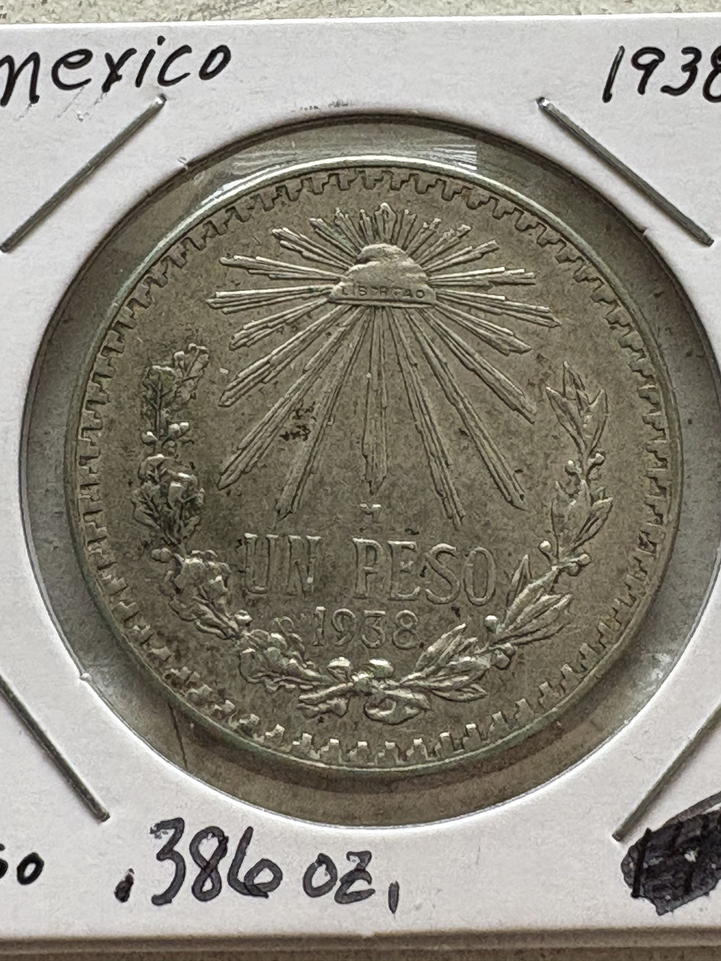 1938 Issue - MEXICO 1 Peso Coin (0.720 silver)