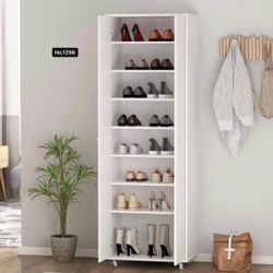 Tall Shoe Rack with Doors & Wheels, Entryway Shoe Cabinet with 8-Tier Shelf, Wood Shoe Storage Organizer for Entryway, White (23.6" W x 15.7" D x 70.9