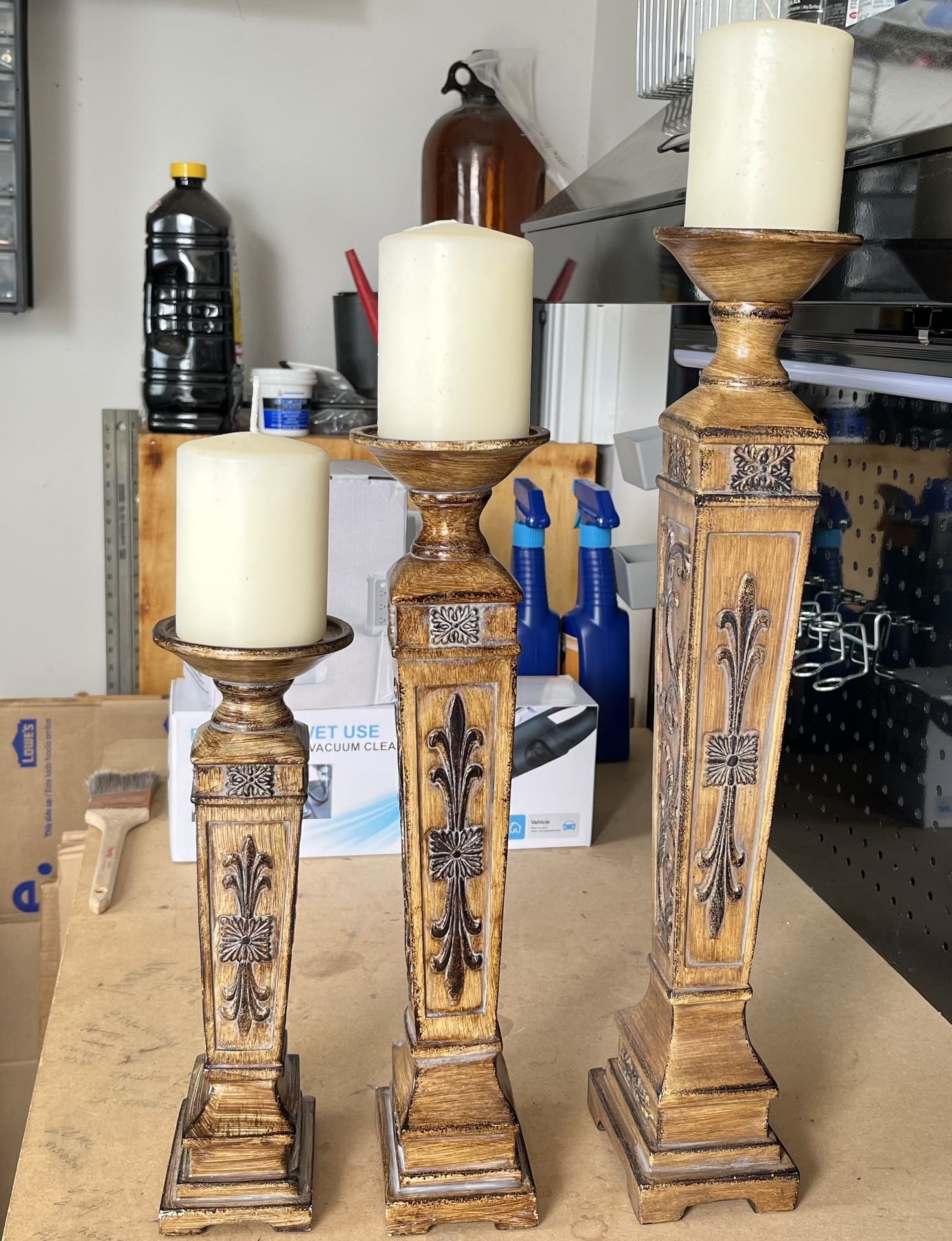 3 Ornate Candle Holders w/Candles