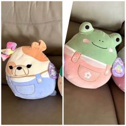 Adorable Squishmallows “overall squad” 10” plushies: Davitta the bulldog or Baratelli the frog. All have their original tags attached