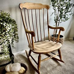 Vintage Nichols & Stone mahogany rocking chair circa 1940s-50s. Solid condition, weathered in a shabby-chic way. 
