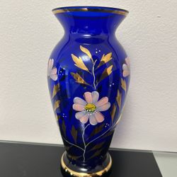 Gorgeous Vase. Decorated Glass. Blue And Gold Pattern.  9,5 Inches  High.  Great Present For Holiday Season!