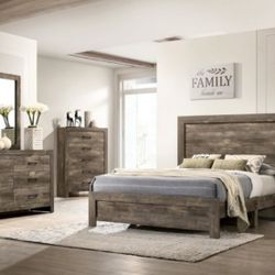 Brand New Rustic Natural Tone 4pc Queen Bed Set (Available In California & Eastern King)