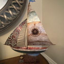 Vintage Pier 1 Metal Sailboat Nautical Sculpture Mantle Art Decor Lake House 