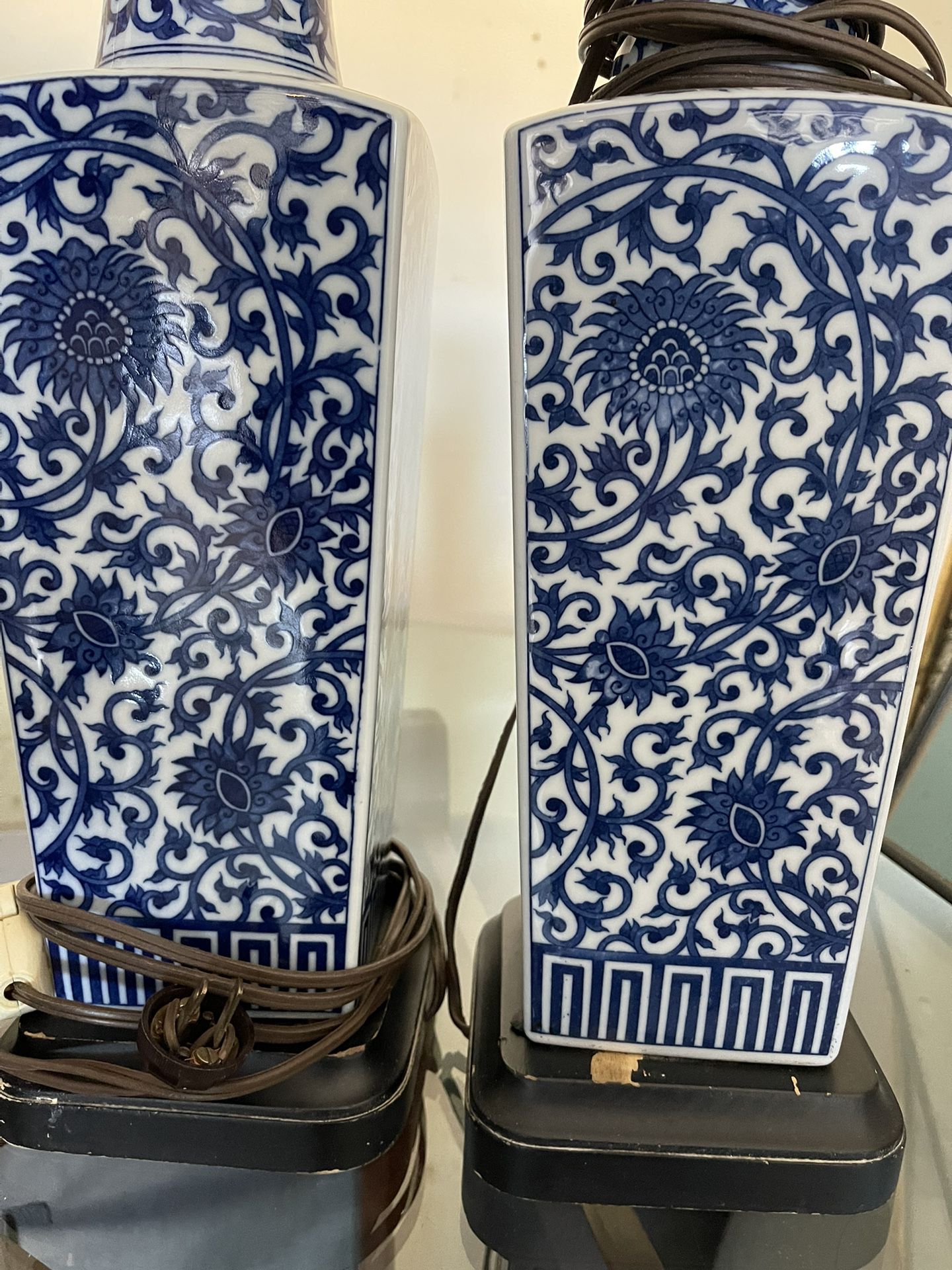 Antique Vintage Pair of Chinese Blue and White Porcelain Square Lamp 