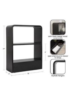 Satin Black Mango Wood Wall Shelf with Drawer