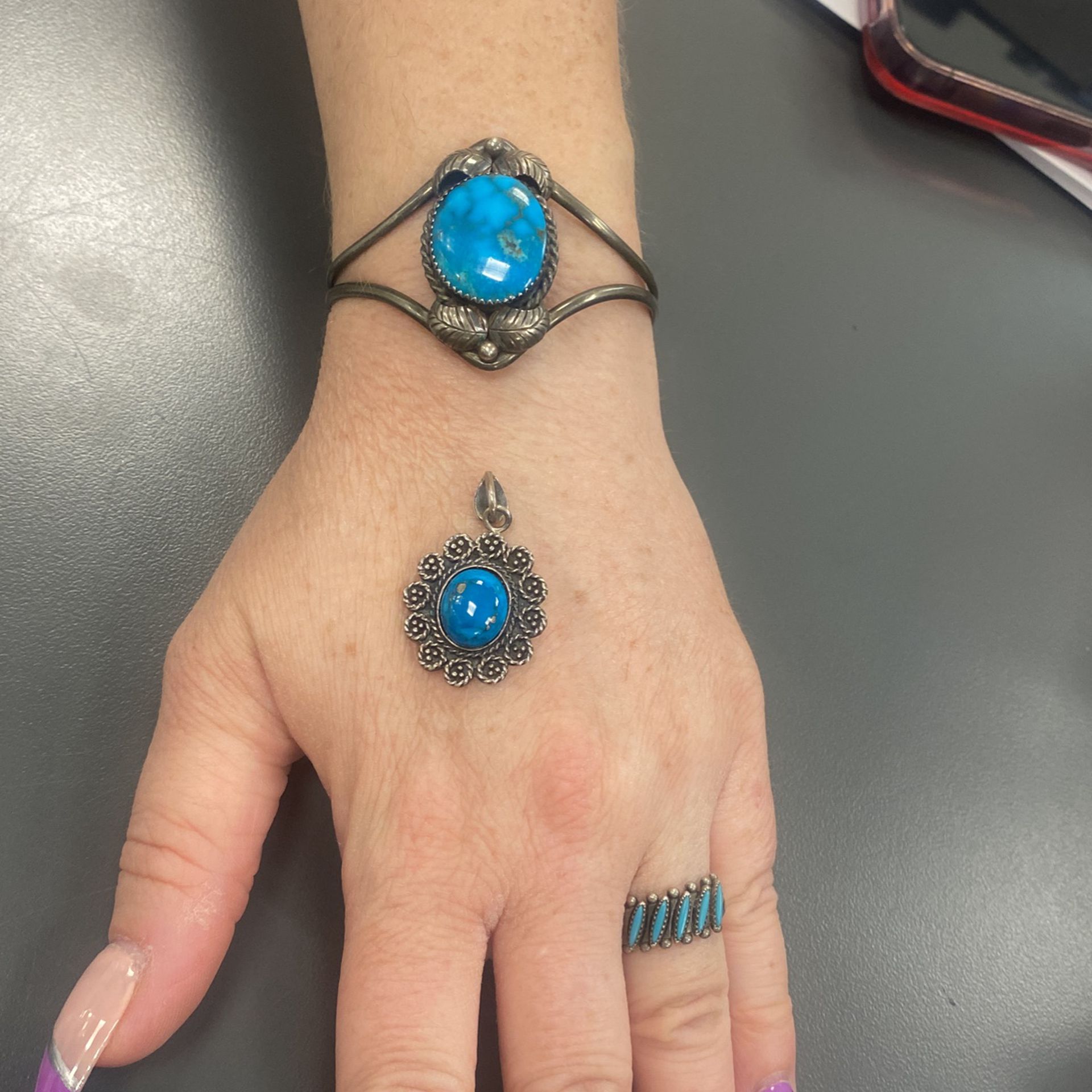 (2)Turquoise Cuff Bracelet, Ring, (2)Pendant $75
