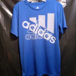 Adidas Shirt Men's Large Blue Graphic Crew neck Short Sleeve Stretch Pullover. Size L. ( 14 - 16 ).