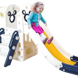 6 in 1 Toddler Slide, Kids Sturdy Slide with Basketball Hoop and Telescope, Non-Slip Steps, L-Shaped Baby Indoor and Outdoor Climber Playground Playse