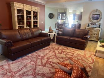 DURABLE 100% PURE BROWN LEATHER SOFA / LOVE SEAT / NAIL HEADS