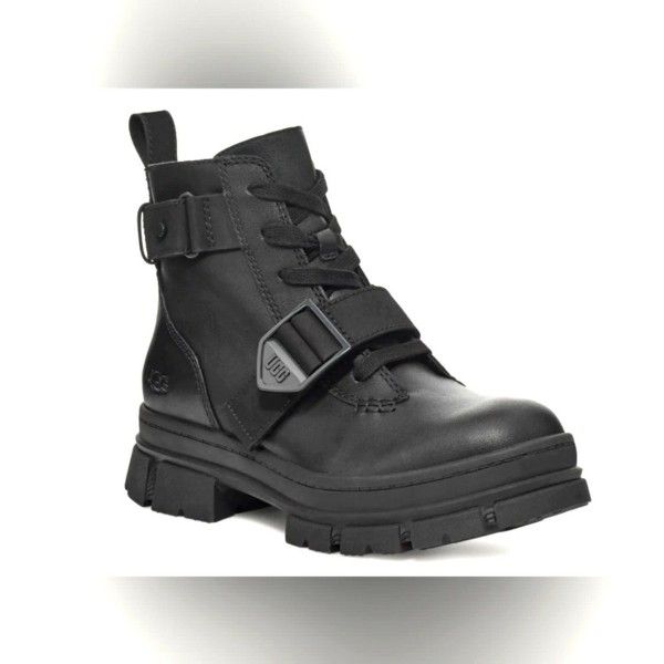 UGG Ashton Black Leather Lace Up Platform Waterproof Women's Combat Boots Sz 9
