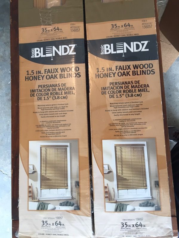 2 Sets of Basic BLINDZ 35" x 64" x 1.5" Honey Oak Faux Wood Blinds