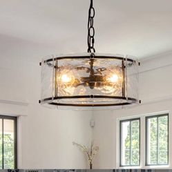 11.8" Black Hanging Pendant Light Fixtures,3 Light Small Drum Glass Dining Room Light Fixtures Over Table with Chain,Chandelier for Foyer,Kitchen Isla