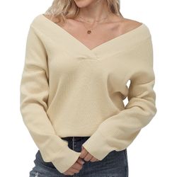Women's Long Sleeve Sweater Casual V Neck Knit Pullover Off-Shoulder Relaxed Fit