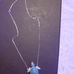 Turquoise Turtle Czs 18 Inch Sterling Silver Necklace 