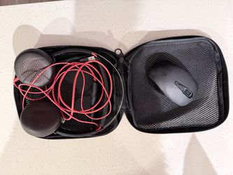 Wired headphones, wireless mouse, carrying case