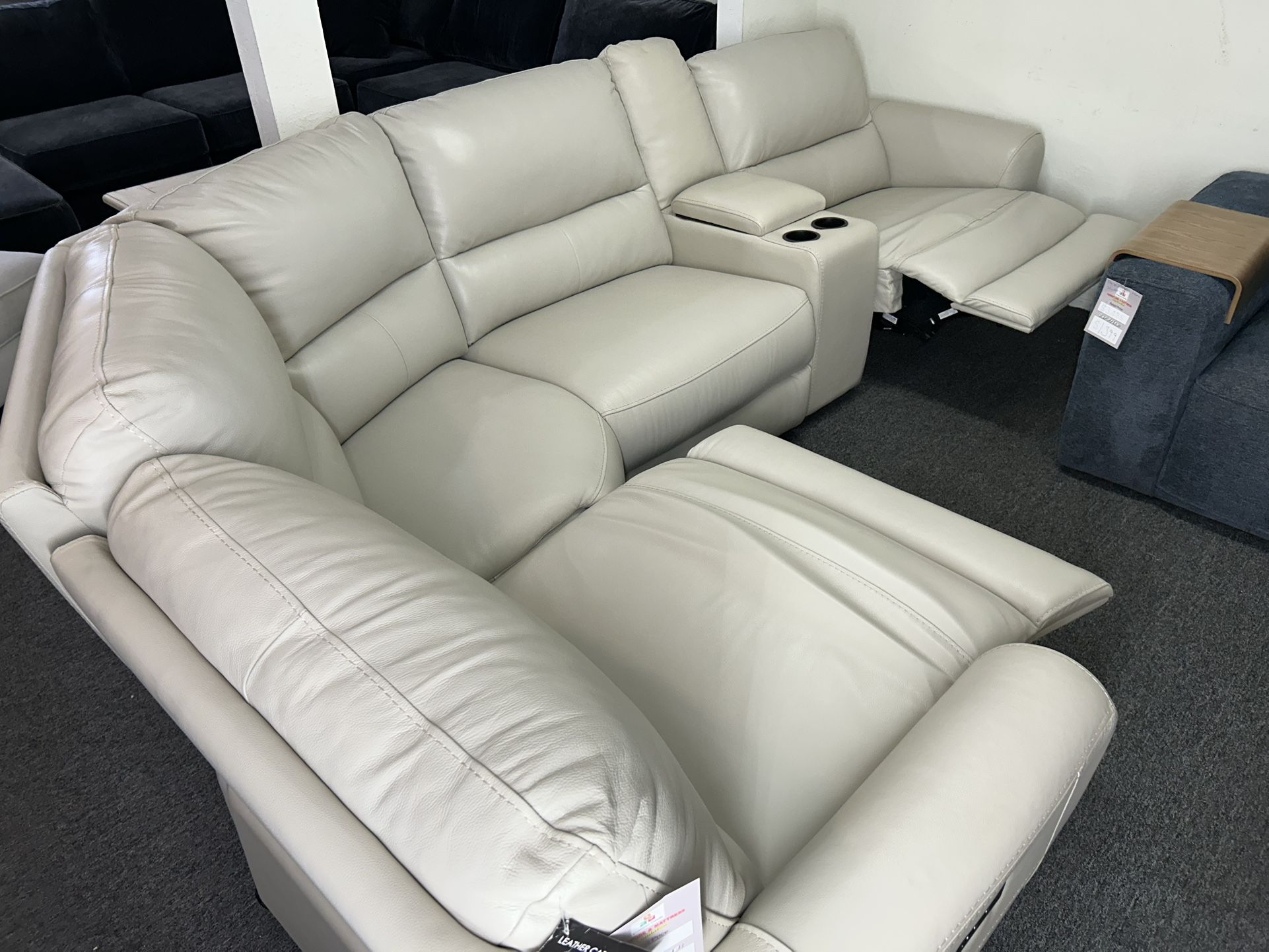 Furniture- 5 Pc Real Leather Sectional With 2 Power Recliners- Danvors