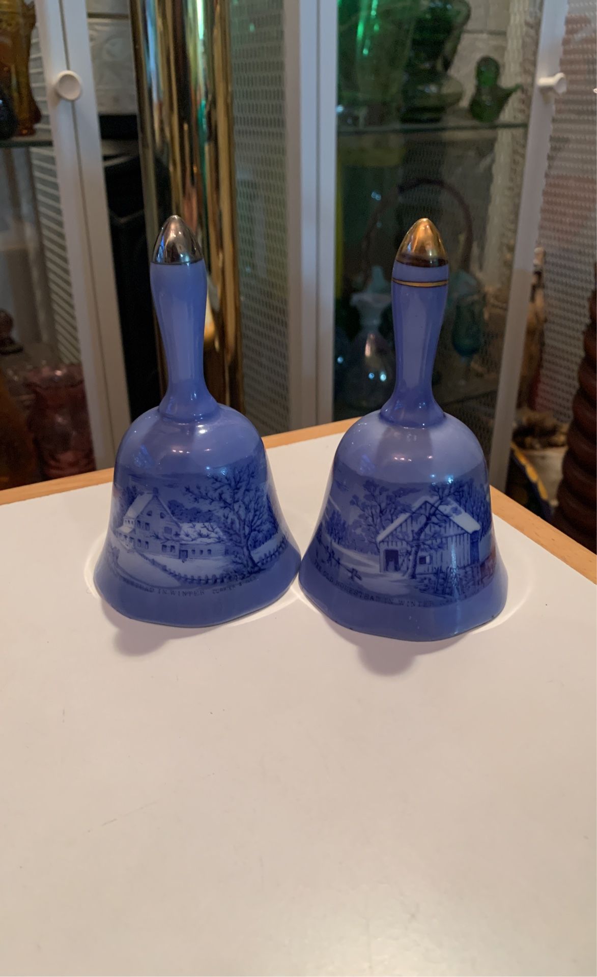 Vintage "A Home In The Wilderness" by Currier and Ives 5" Blue Ceramic Bells-set Of 2