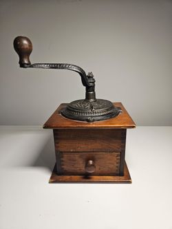 Vintage Cast Iron & Wood Hand Crank Coffee Grinder Box Mill w/ Dovetail Drawer Rustic Kitchen Decor0