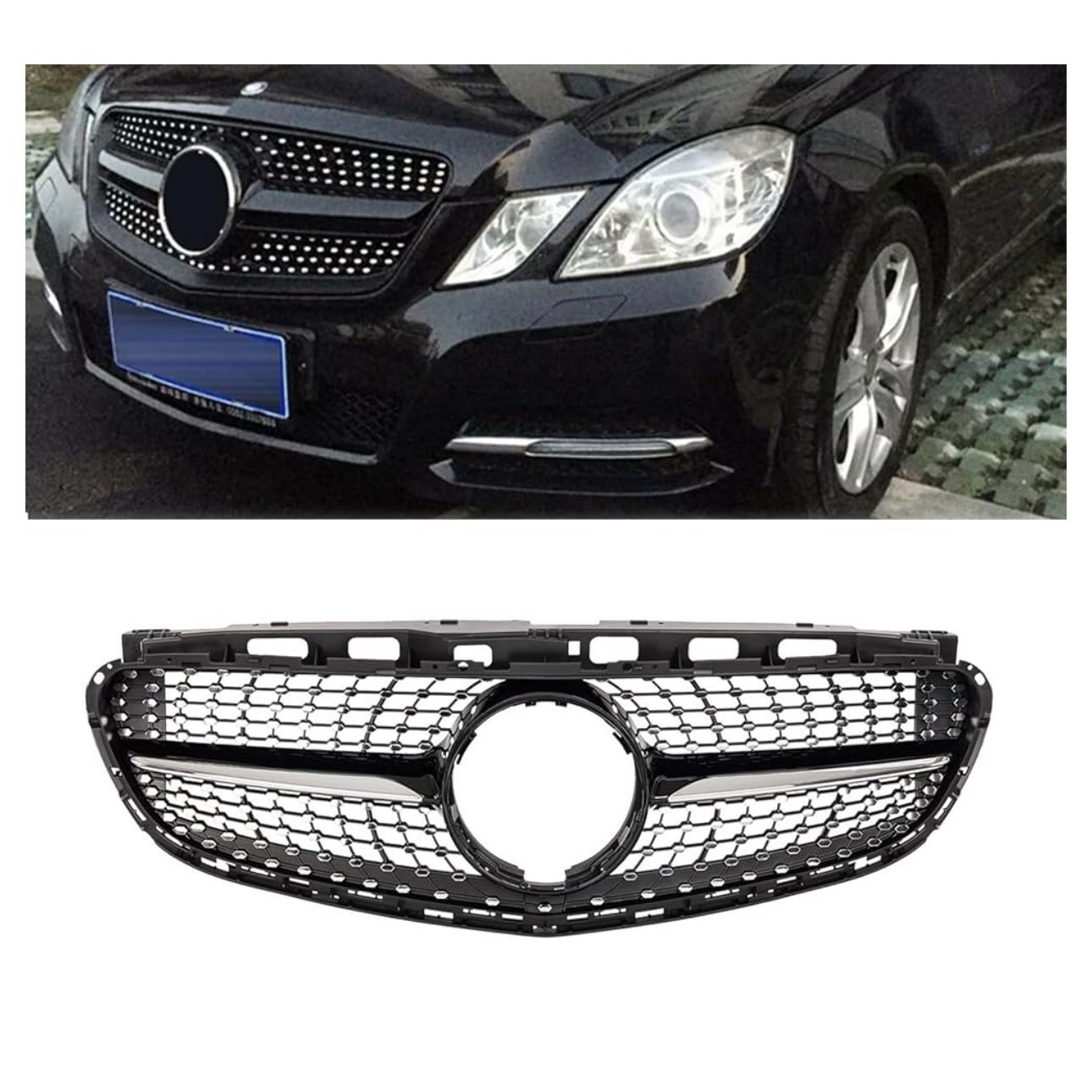 Diamond Grill Grille Compatible With 2014-2016 Mercedes Benz W212 E Class E200 E250 E350 E550 w/front Camera hole 