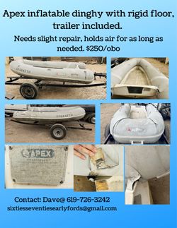 Apex inflatable dinghy with rigid floor and trailer for sale.