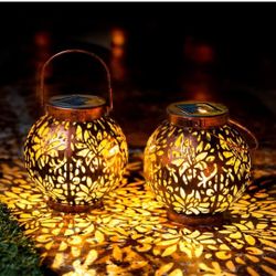 JOIEDOMI 2 Pack Outdoor Solar Hanging Lantern Lights, Waterproof Table Top Solar Lanterns, LED Metal Decorative Garden Solar Lights, Moroccan Lanterns