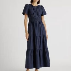 Quince Maxi Dress Women’s Medium Navy Blue Smocked V-neck, NWT 
