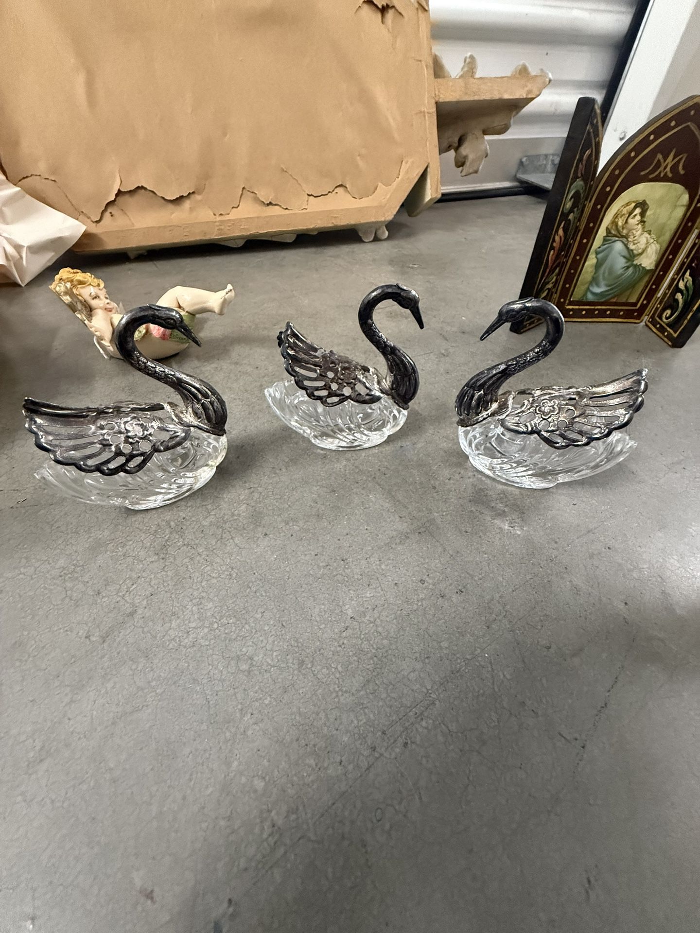 3 vintage silver-plated and crystal swan open salt cellar