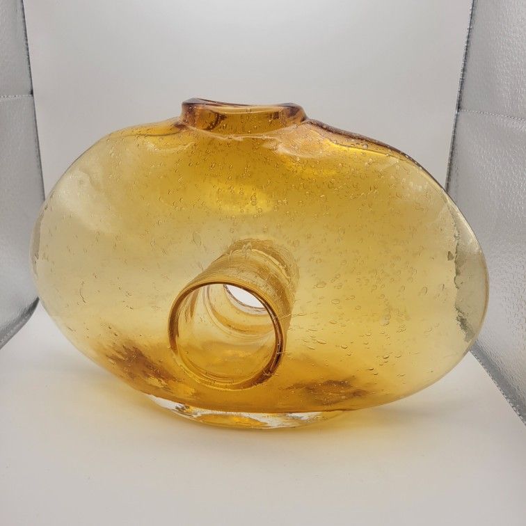 Vintage Funky Yellow Amber Hand Blown Glass Center Hole Oval Vase 6.5"x10"