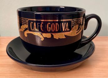 Large Blue & Gold Cafe Godiva Ceramic Mug with Saucer