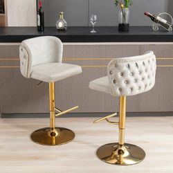Set of 2 PU Upholstered Swivel Adjustble Bar Stools with Tufted Back - Beige+Gold [NEW]