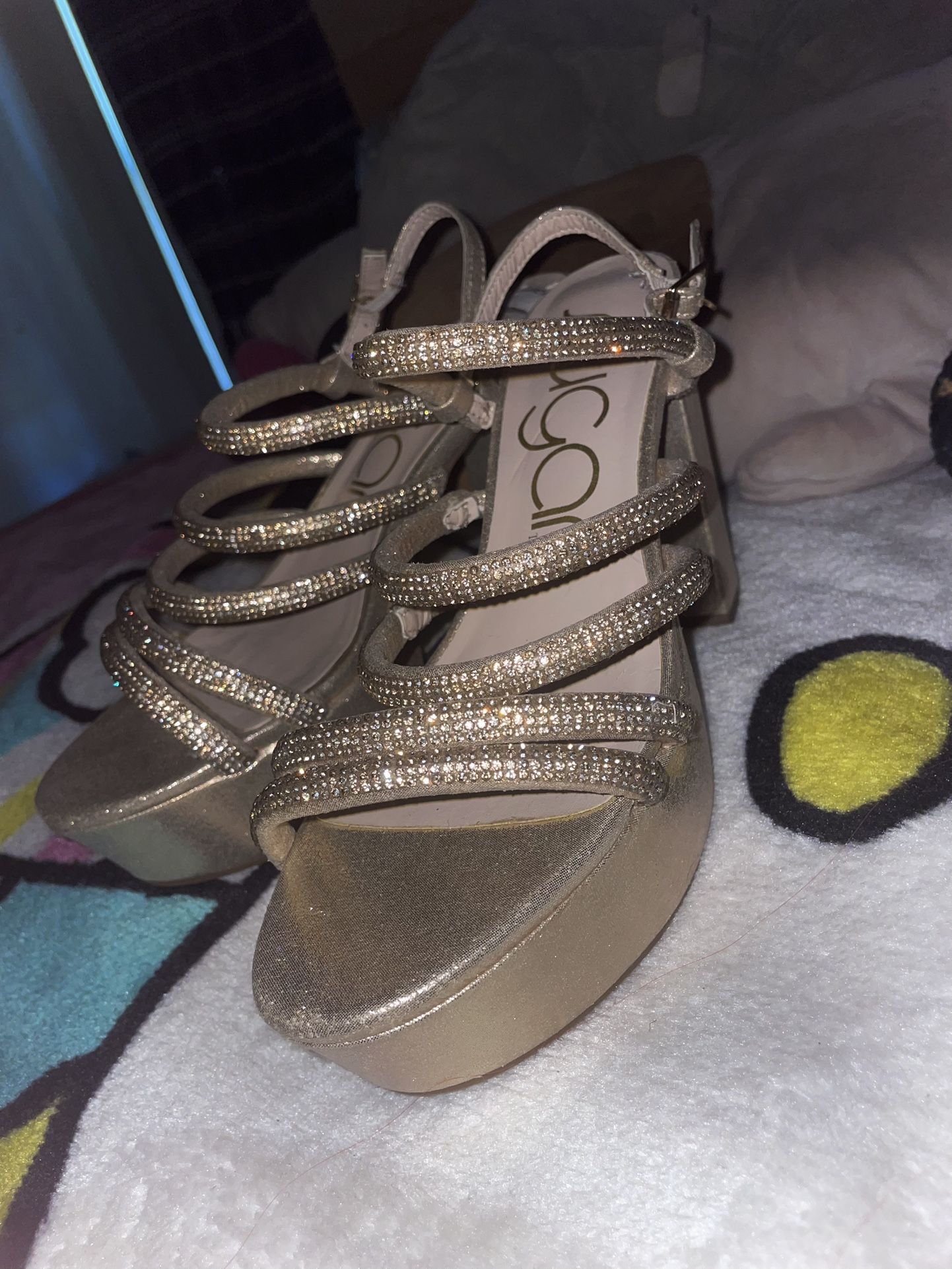 Gold rhinestone heels