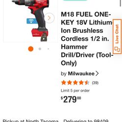 Milwaukee Hammer Drill (Drill Only) With Removable Handle. 