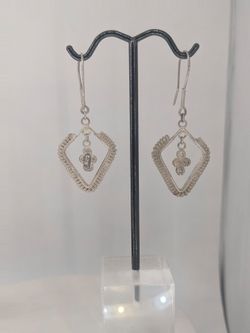 925 Sterling Silver Diamond-Shaped Filigree Dangle Earrings Floral Drop Boho 4.47g