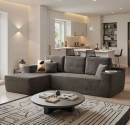 OVIOS 104" L-Shape Modular Couch with Chaise, Plush Corduroy Fabric, Gray. No Assembly Required