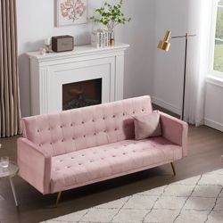 Modern Futon Sofa Bed Velvet Convertible Lounge Couch with Removable Soft Armrest for Living Room, Multifunctional Folding Sofa Bed Sleeper with Sturd