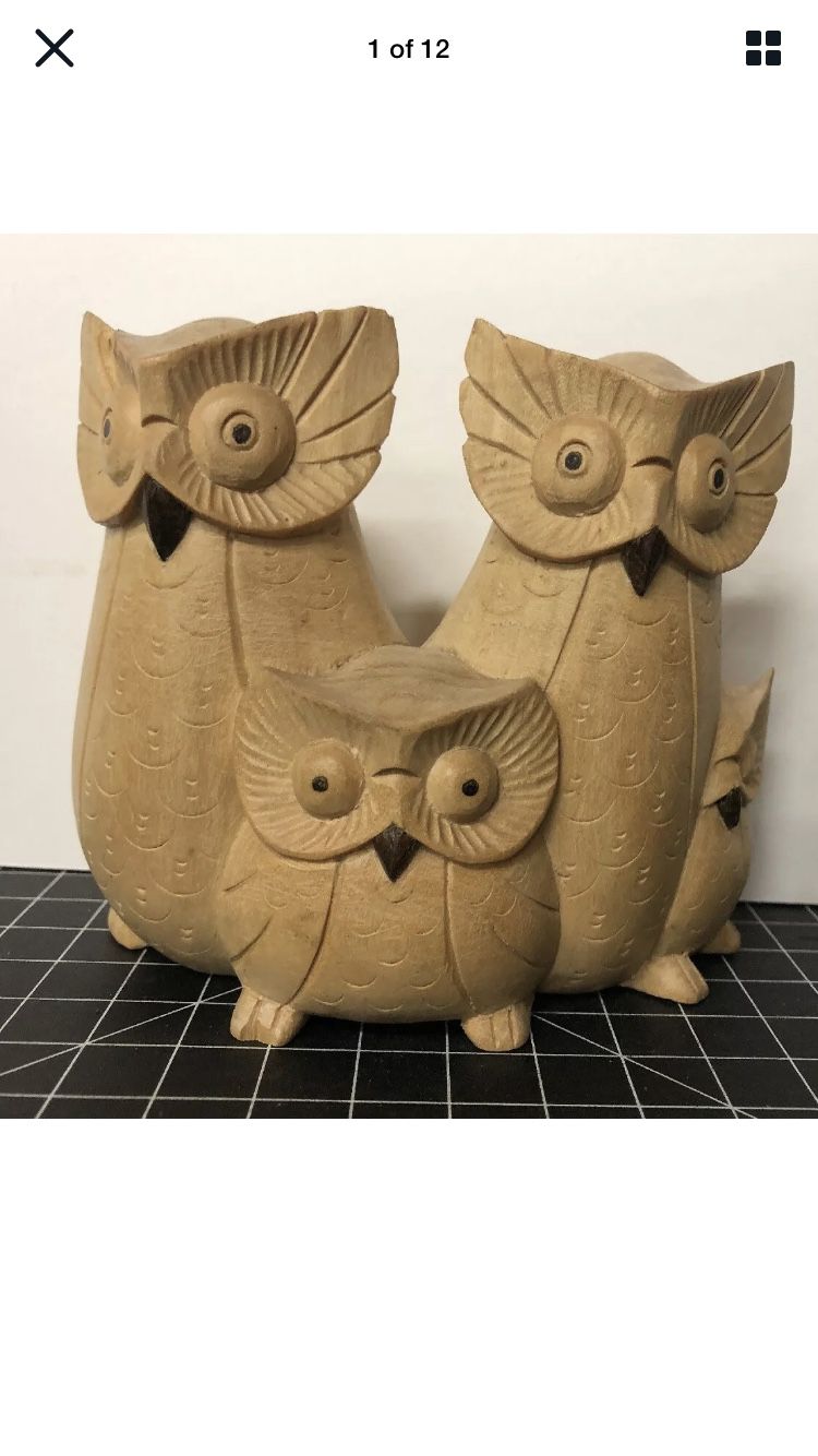 Vintage wooden owl figurine hand carved family of owls